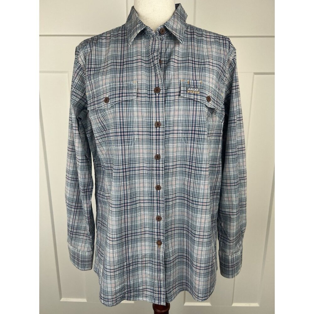 Ariat Rebar Work Shirt Womens L Plaid Roll Tab Long Sleeve Stretch EUC